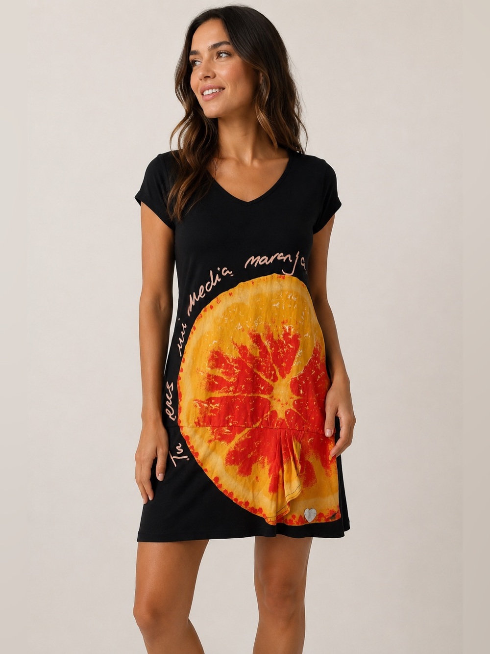 Desigual Citrus Graphic Dress Medium Black Viscose Fruit Print Ruffle Hem Artsy
